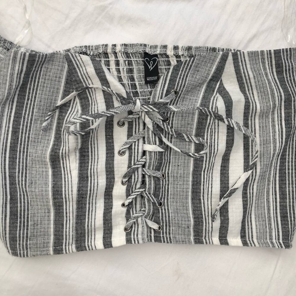 Windsor Striped Lace Up Crop Top Bell Sleeve Large - Picture 2 of 4
